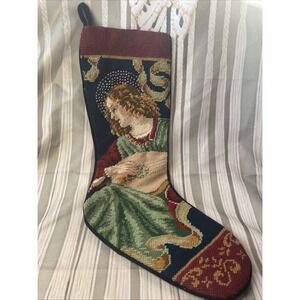 Vtg Angel Tapestry Needlepoint Christmas Stocking Velvet Backed Holiday Exc
